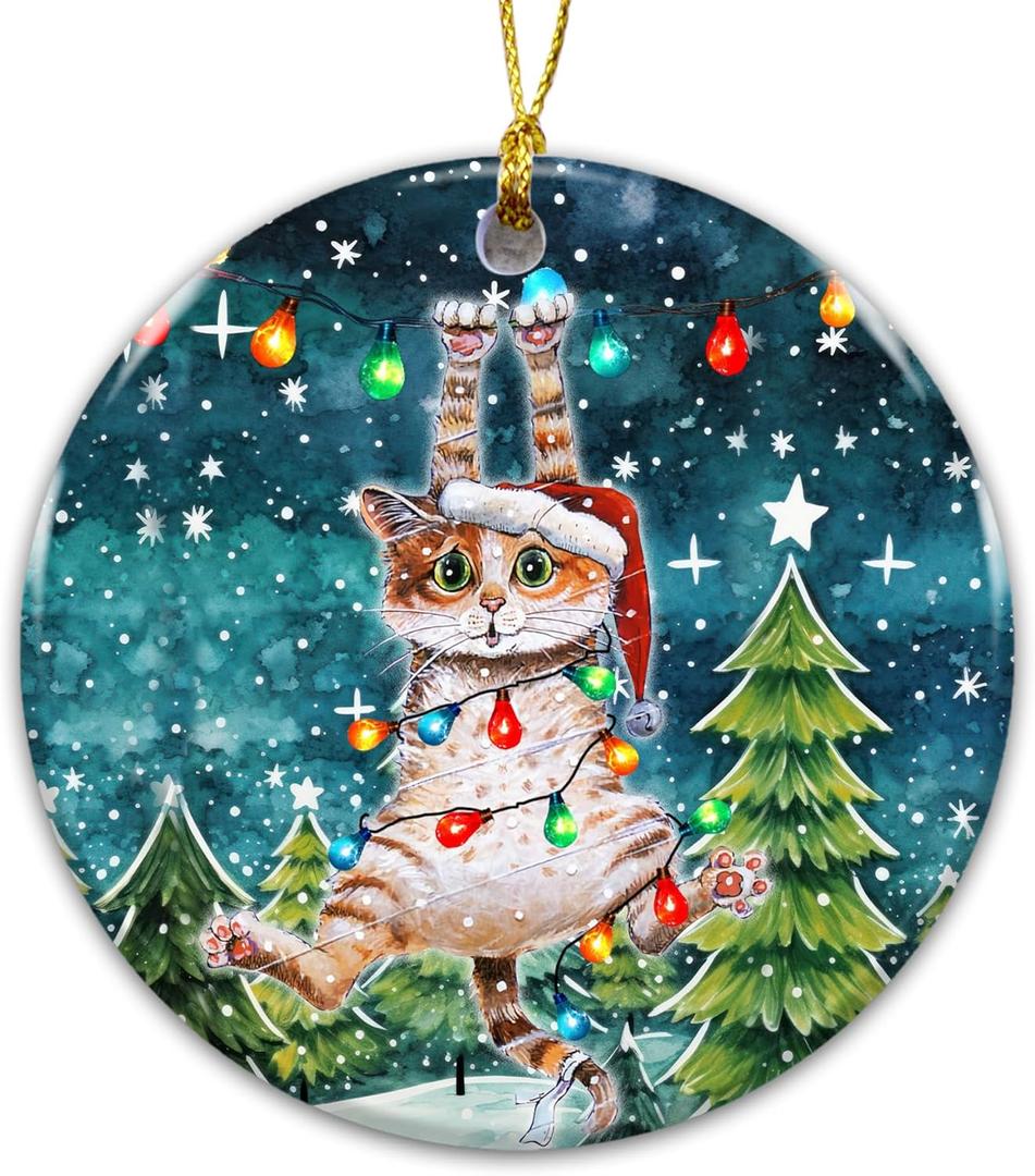 8 x Funny Cat Ornament 2025 Ceramic Holiday Decoration with Santa Hat Cat Tangled in Lights  Cute Pet Lover Gift  Rustic Farmhouse Xmas Tree Dcor