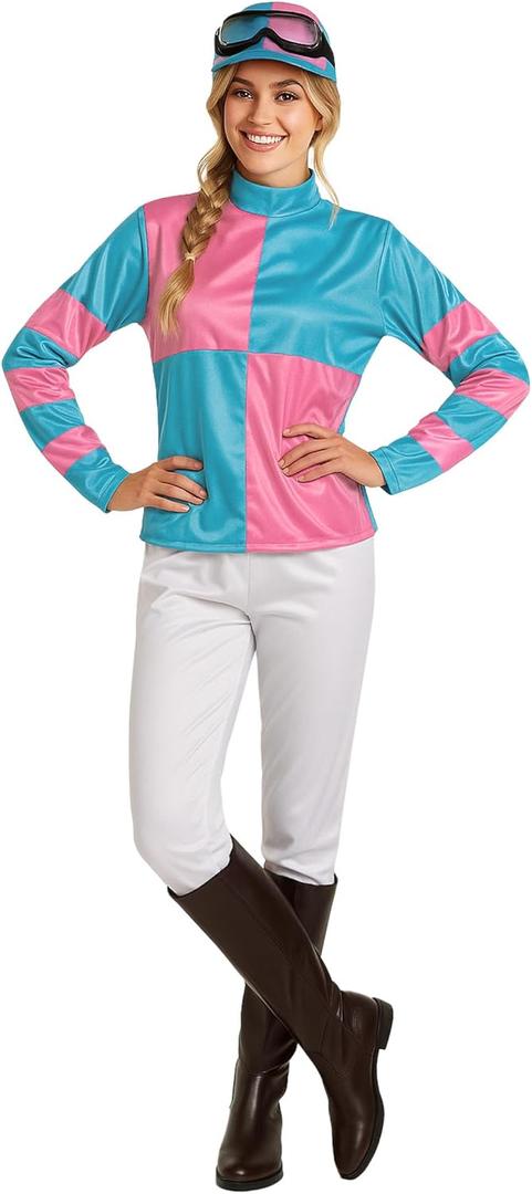 fun shack Womens Jockey Costume, Horse Jockey Outfit, Equestrian Halloween Costume for Women, Racing Attire (Medium, Blue)