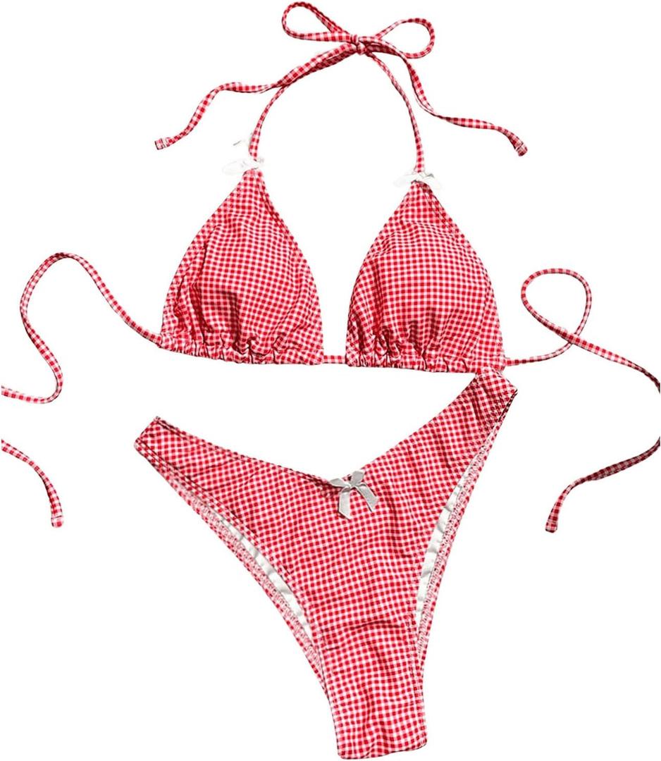 GORGLITTER Women's Gingham Bikini Set Bow High Cut Thong Halter Triangle Top Cheeky Cute 2025 Swimsuit Bathing Suit (Medium, Red)