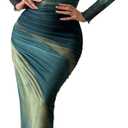 MARZXIN Women Long Sleeve Maxi Dress Bodycon Ruched Formal Slim Fit Tie Dye Dress Formal Mesh Dress (S)