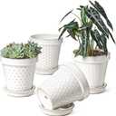LE TAUCI Ceramic Plant Pots, 6 Inch Flower Pot with Drainage Hole & Saucer, Embossed Planter Pots for Indoor Plant Succulent, Orchid, Cactus, Home Decor - Set of 4, Arctic White