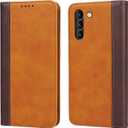for Samsung Galaxy S21 FE 5G Fashion Wallet Case, Two-Tone Magnetic Cover with Kickstand - Yellow with Brown