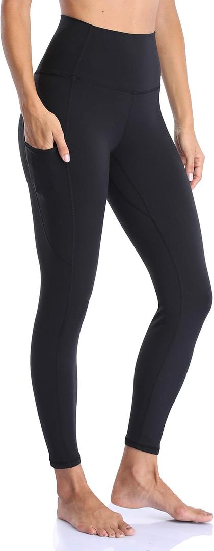 YUNOGA Women's High Waist Buttery Soft Athletic Yoga Pants 25" Inseam Leggings with Pockets (S, Black)