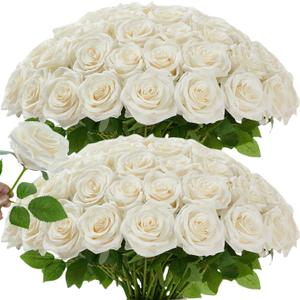 120 Pcs White Rose Artificial Flowers Bulk, Ivory Silk Fake Roses with Long Stem for Wedding Decoration, Bridal Bouquets, DIY Flower Wall, Party Table Centerpieces, Home Decor