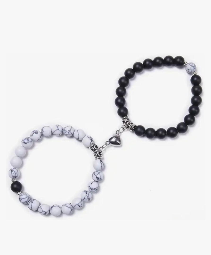 Set Of 2 Couples Bracelet Magnetic Healing Natural Bead Stone Stretch Bracelet Unisex Anniversary, Friendship, Valentine, Christmas Gift