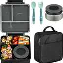 Bento Lunch Box Set for Kids with 8oz Soup Thermo, Leak-Proof Lunch Containers with 4 Compartment, Kids Thermo Hot Food Jar and Insulated Lunch Bag for Kid to School-Black