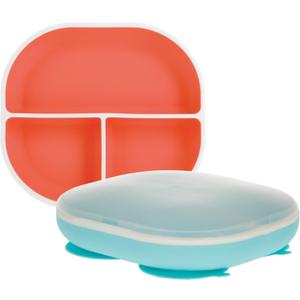 Nuby Silicone Rectangle Suction Plate with Lid - Dishwasher-Safe Baby and Toddler Plate - 6+ Months - Aqua and Coral - Back to School Essentials