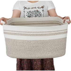 XUANGUO Large Rectangle Blankets Basket Living Room 22"x17"x12" Woven Cotton Rope Storage Baskets for Nursery Toy Baskets for Kids Wicker Laundry Basket Bin for Clothes Towels white brown