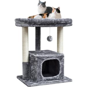 SYANDLVY 27IN Cat Tree for Indoor Cats Large Adult, Modern Activity Tower with Scratching Posts, Condo with Plush Perch, Climbing Stand with Spring Ball for Play, Grey