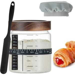 Wissy&Konny Sourdough Starter Jar 35OZ with Ounce Scale Line,Date Marked Feeding Band, Thermometer, Sourdough Jar Scraper, Cloth Cover & Wood Lid, Wide Mouth for Sourdough Bread Baking