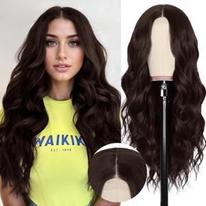 NAYOO Long Dark Brown Wavy Wig for Women 26 Inch Middle Part Lace Hairline Curly Wavy Wig Natural Looking Synthetic Heat Resistant Fiber for Daily Party Use