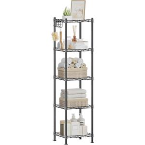 SONGMICS 5-Tier Bathroom Shelf, Storage Rack for Small Space, with 5 PP Shelf Liners, Removable Hook, Extendable Design, Ink Black and Translucent ULGR23BK