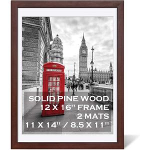 12x16 Picture Frames Dark Cherry Made of Solid Wood Display Pictures 11X14 Inch or 8.5x11 with Mat or 12x16 Inch without Mat for Wall Mounting and TableTop - Picture Frame 11X14 with 2 Mats - 1 Pack