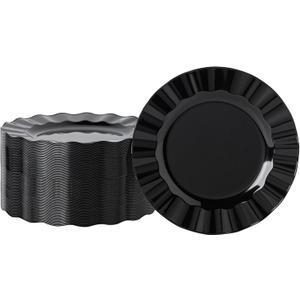 72 Pack Black Plastic Plates, 7" Disposable Wave Edge Salad/Dessert Plates Elegant Heavy Duty Plate for Party, Wedding, Thanksgiving, Christmas
