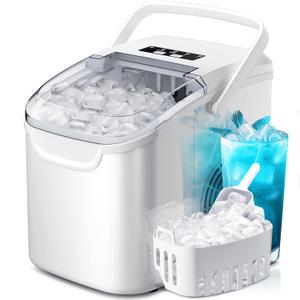 Crzoe Ice Makers Countertop with Handle, 2 Sizes of Ice, 8 Bullet Ice Cubes in 6 Mins, 26Lbs/24H, Portable Ice Maker with Self-Cleaning, Ice Machine for Home&Kitchen&Office&Party (White)