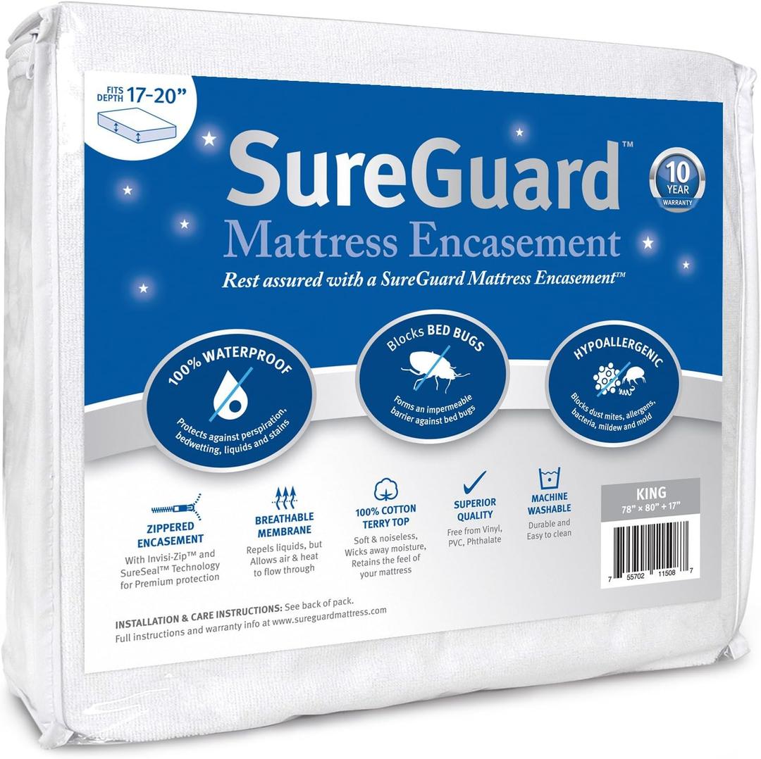 King (17-20 in. Deep) SureGuard Mattress Encasement - 100% Waterproof, Bed Bug Proof, Hypoallergenic - Premium Zippered Six-Sided Cover