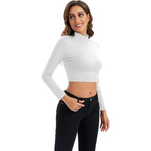 Womens Long Sleeve Crop Tops Lightweight Mock Neck Base Layer Shirts (Small, White)