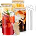 sungwoo 4PCS Glass Cups with Bamboo Lids and Straws, 16OZ Ice Coffee Cup, Drinking Cup set with Wooden Lids, Home Essential Glass Tumblers for Beer, Cocktail, Tea and Latte Clear