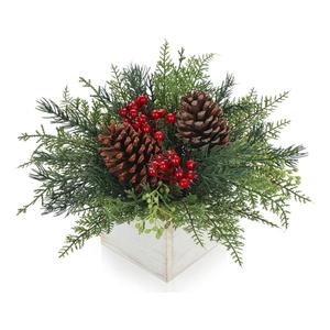 Christmas Centerpieces Table Decorations 10" Small Artificial Potted Christmas Tree Tabletop Pine Plants with Red Berry Pine Cones in Wooden Pot for Home Winter Xmas Mantel Farmhouse Indoor Decor
