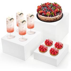 Hacaroa Set of 3 Acrylic Cube Riser Hollow Bottom, 6/7/8 Inch Small Glossy White Buffet Riser Food Display Stand, 5 Sides Cupcake Stand Nesting Display Box for Jewelry, Collectibles, Figures, 3 Sizes