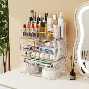 Delamu 3pc 6-Drawer Makeup Organizer Countertop Cosmetic Organizer for Vanity | Bathroom | Skincare | Perfume | Lipstick Storage, Casual Pairing No Assembly, Crystal Clear with Luxe Gold Trim
