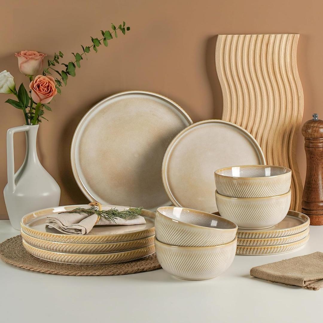 Metflavor Stoneware Dinnerware Sets for 4, 12-Piece Scratch Resistant Plates and Bowls Set, Dishwasher and Microwave Safe Ceramic Dishes Set, Ribbed, Sculpted Dune