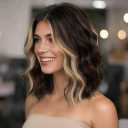 Eawwii Brunette with Blonde Highlights Short Wavy Wig for Women Lace Hairline Bob Style Synthetic Heat Resistant - Natural Appearance for Everyday Hairstyle 14 Inch