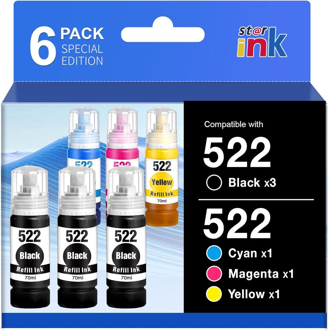 522 Ink Refill Bottles High Capacity (6 Bottles) ET-2800 ET-2400 ET-4800 Replacements for Epson 522 Ink Compatible for Epson Ecotank ET-2800 ET-2400 ET-2803 ET-2720 ET-4700 ET-4810 ET-4800 Printer Ink