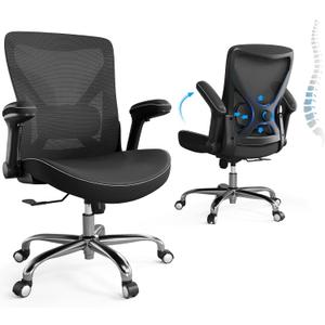 Ergonomic Office Chair-Computer PU Leather X-Shaped Desk Chair-Gaming Chair with Adjustable Flip-up Armrests Lumbar Support Mesh Executive Chair for Long Hours Office (Black)