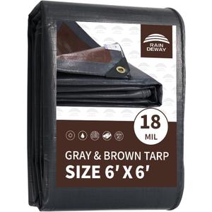 RAINDEWAY 6x6 Feet Super Heavy Duty Tarp 18 Mil, UV Resistant, Weatherproof, Multipurpose Waterproof Poly Tarp with Grommets and Reinforced Edges, Brown/Gray Tarps