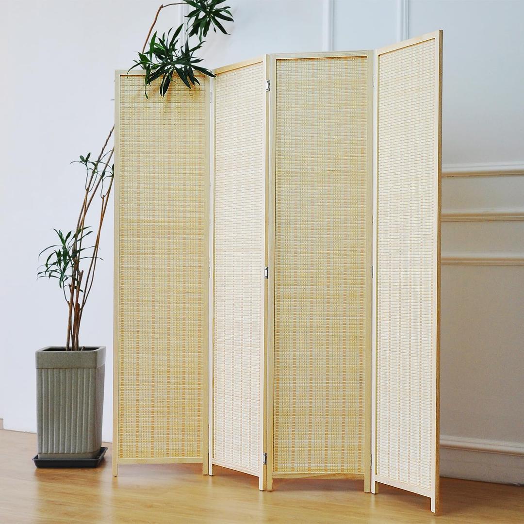 Furnnylane 4 Panel Bamboo Room Divider - 5.6 ft Tall Folding Privacy Screen, Natural Beige Freestanding Partition Wall for Home Office & Room Separation (67" H x 61.4" W)