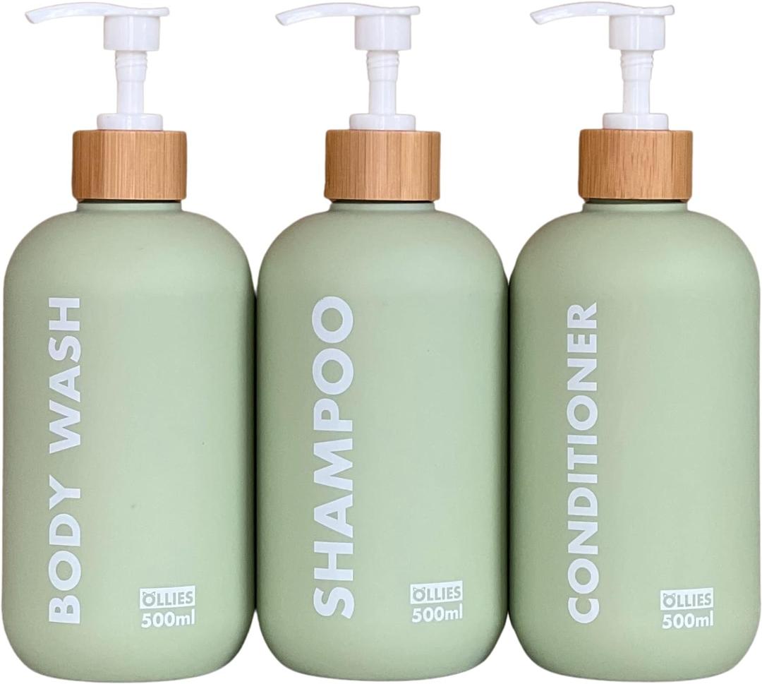 OLLIES Shampoo and Conditioner Dispenser, Shower Soap Dispenser for Bathroom-Set of 3 with Permanent Stylish Label-17oz, 500ml Refillable Shampoo and Conditioner Bottles Green