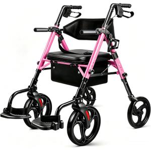 Foldable 2-in-1 Rollator Walker for Seniors with Seat, Lightweight Transport Wheelchair Combo 300 lbs Capacity, All-Terrain Tires, Anti-Tip Brakes, Adjustable Height 33.5"-40"