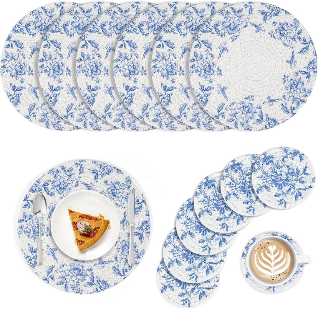 Blue and White Placemats Coasters Set of 6 Floral Round Woven Placemat Bulk Chinoiserie Braided Placemats Washable Cotton Rope Place Mats Heat Resistant Table Mats for Home Wedding Party Decor