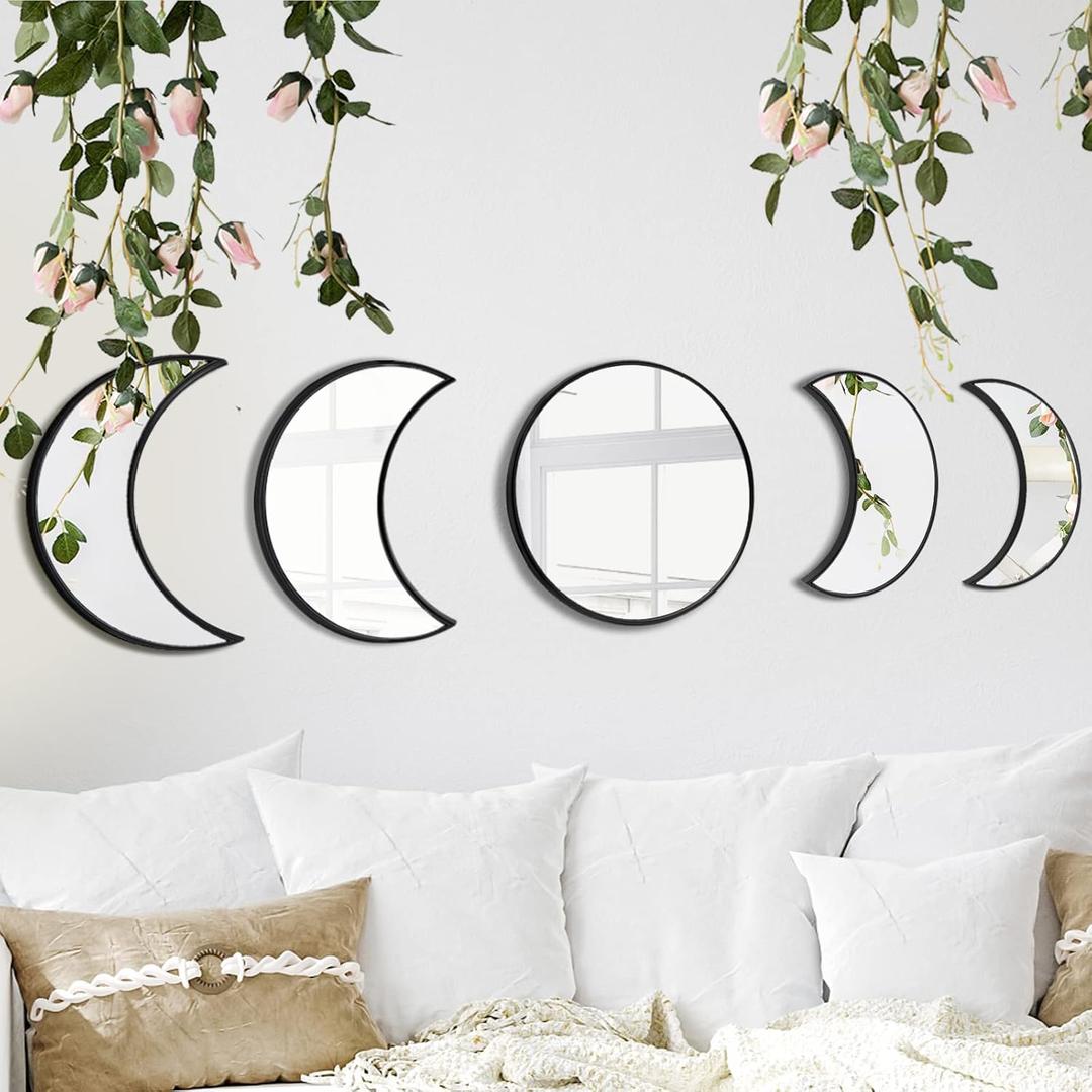 YUBAIHUI Moon Phase Mirror Set, 5pcs Boho Moon Wall Decor for Home Bohemian Bedroom Decoration Living Room Decor, Acrylic Mirror, Not Real Mirror (Black)