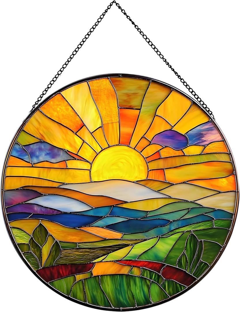 Hanging Stained Glass for Windows,20cm/7.87inch Sunrise Stained Glass Suncatcher Garden Hangings Christmas Mother's Day, Valentine's Day Ornaments Festival Housewarming Gift