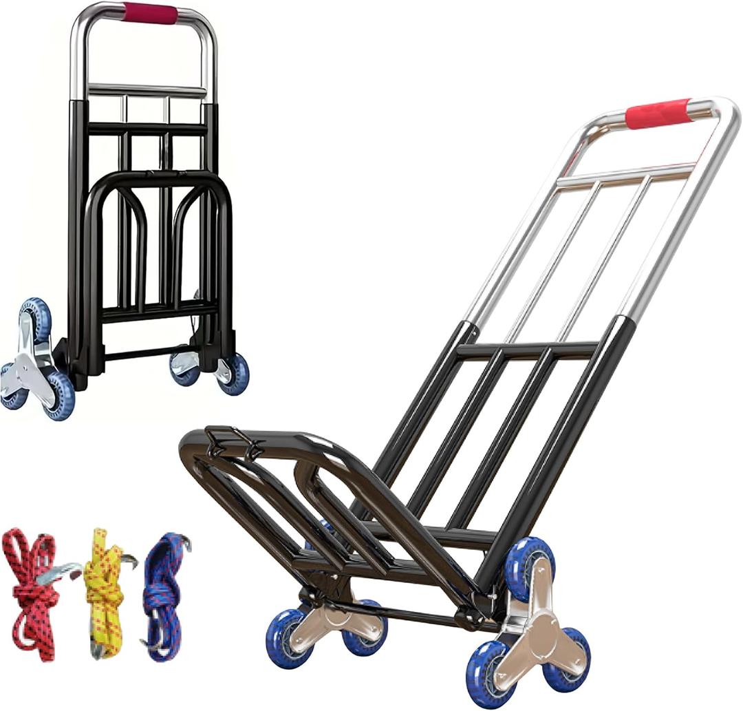 190-200LBS Folding Stair Climbing Hand Truck, 28mm 7-Beam Heavy Duty Dolly, Telescopic Portable Trolley with Crystal Tri-Wheels & 3 Binding Ropes for Shopping, Moving, Package Delivery