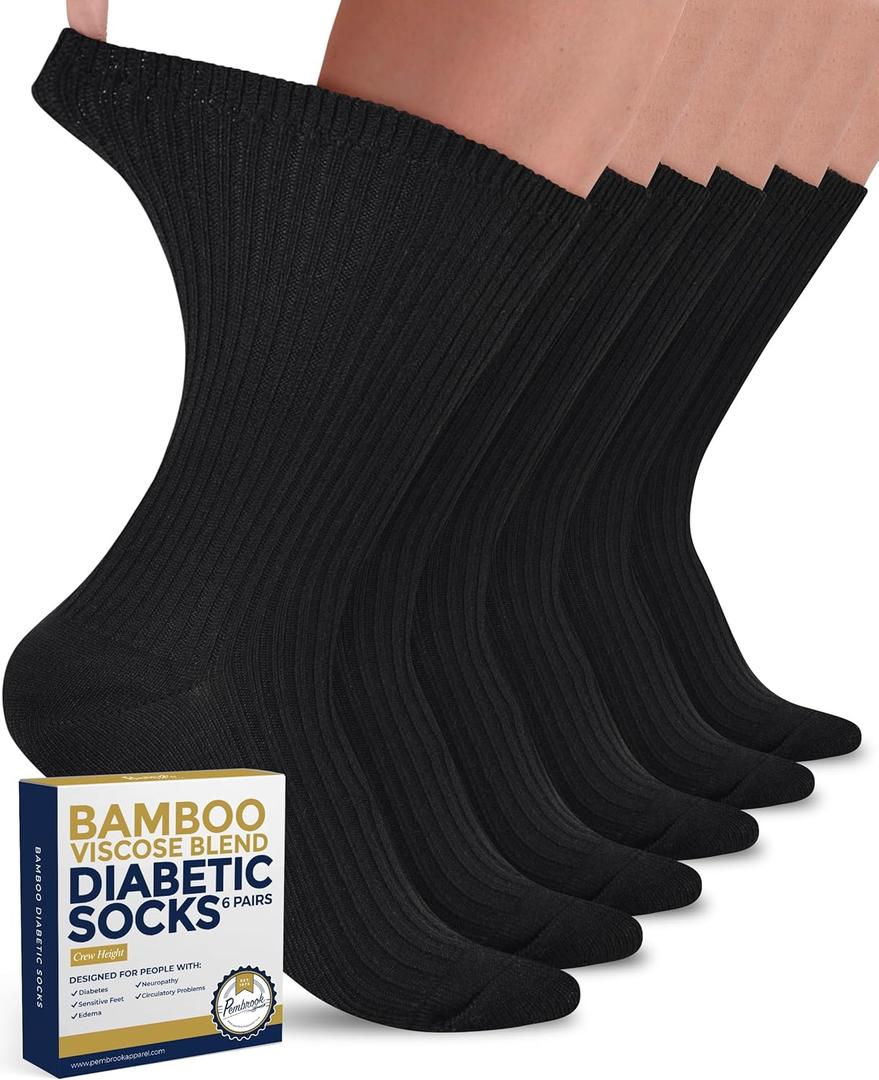 Pembrook Ribbed Knit Bamboo Viscose Diabetic Socks - 6 Pairs Crew Neuropathy Socks for Women | Diabetic Socks for Women (Medium)