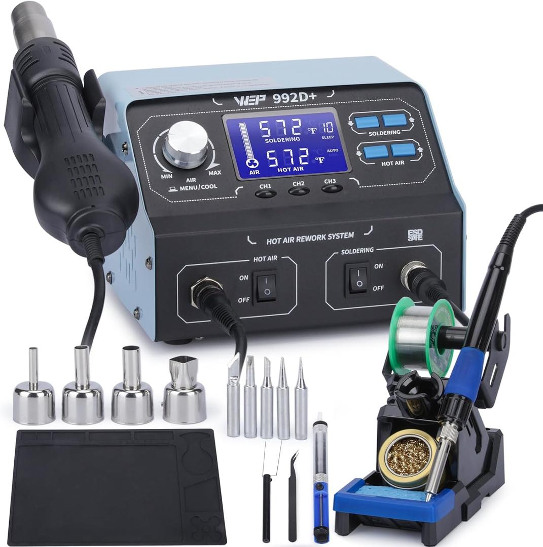 WEP 992D+ 2-in-1 Soldering Iron Kit and Hot Air Rework Station with 3 Preset Channels, LCD Display, Interchangeable Handles, Sleep Mode, X-2 Iron Holder, 5 Iron Tips, Desoldering Pump and Tweezers