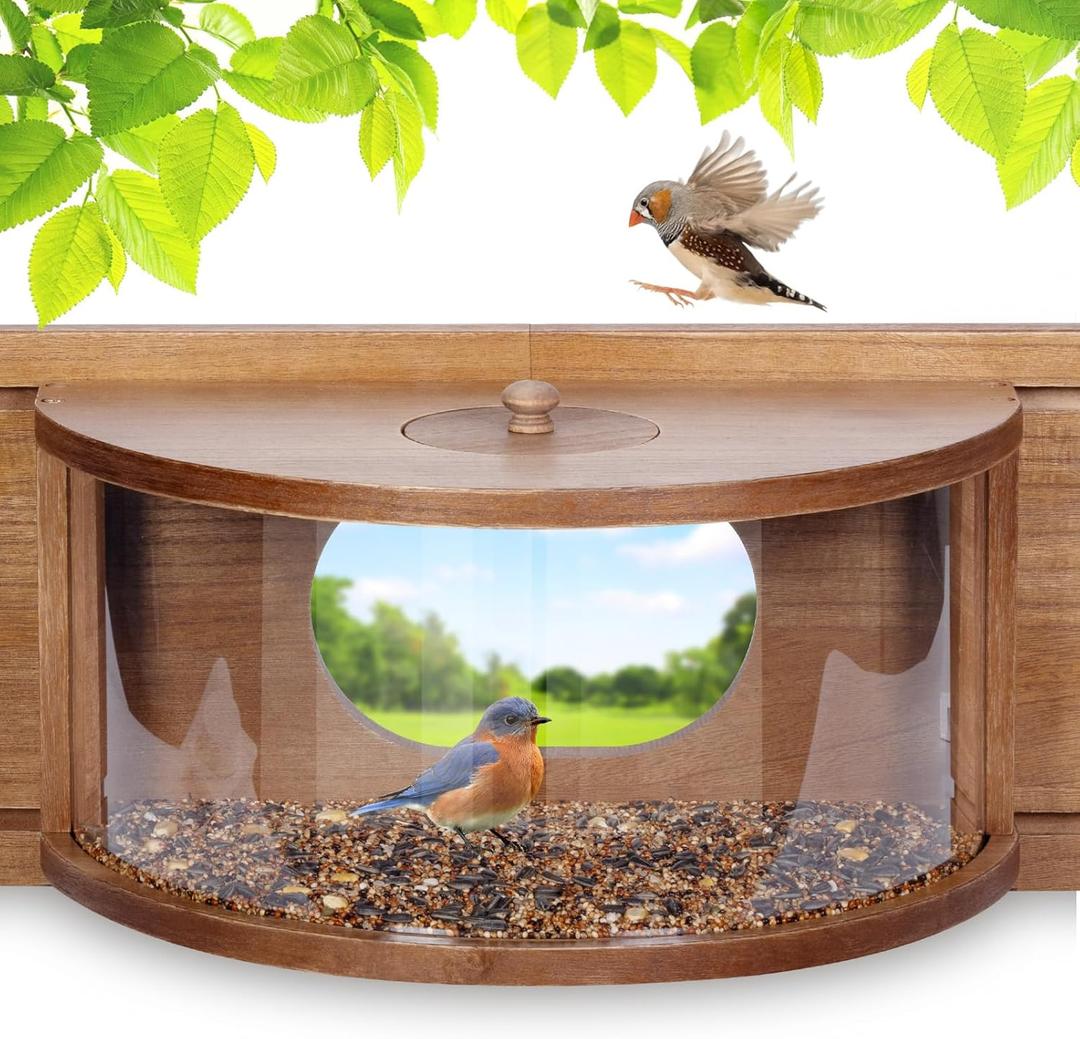 MIXXIDEA Wooden Bird Feeder With 180 Degree Clear View, Large Window Mount, Easy-Refill Top, Easy to Assemble, 23-36" Wide for Watching (Brown)
