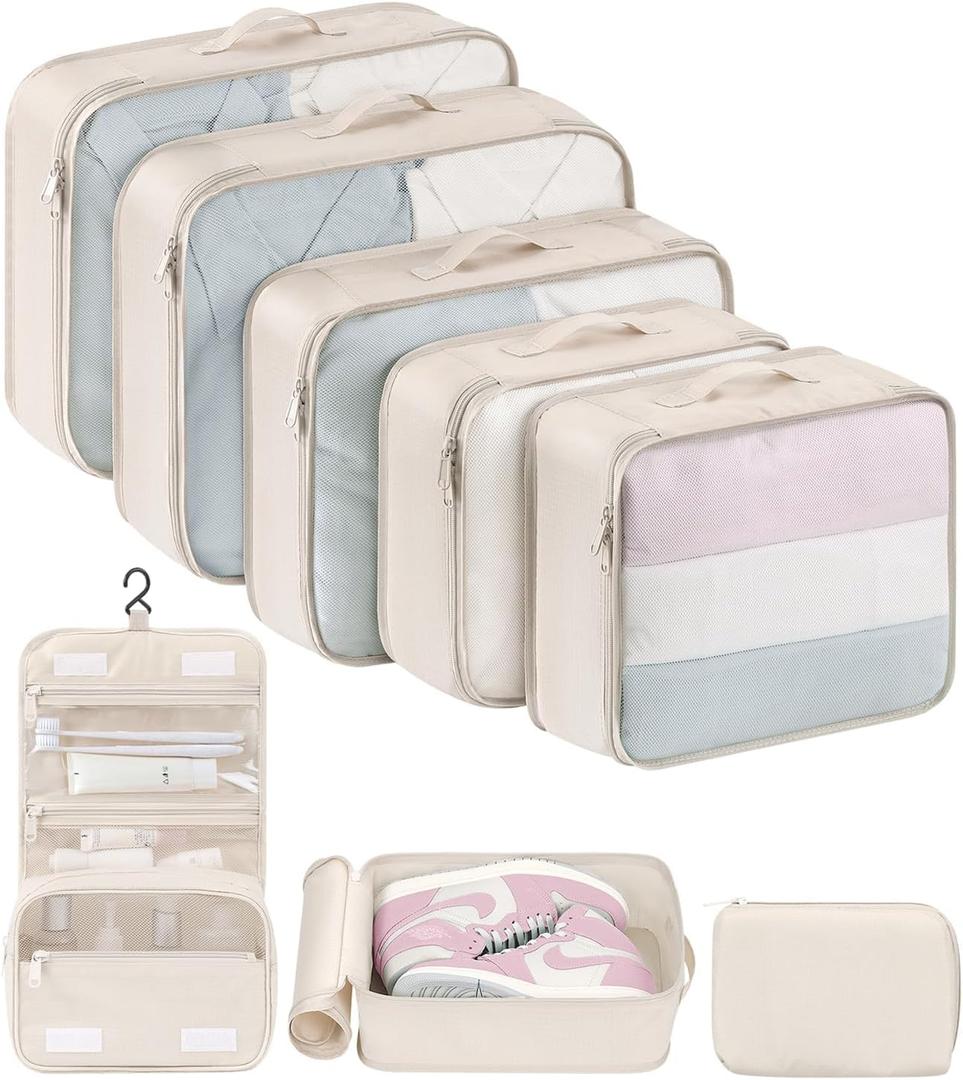 DIMJ Packing Cubes for Travel - 8 Pcs Lightweight Travel Cubes for Packing, Mesh Travel Packing Cubes Travel Packing Organizers with Large Toiletries Bag (Beige)