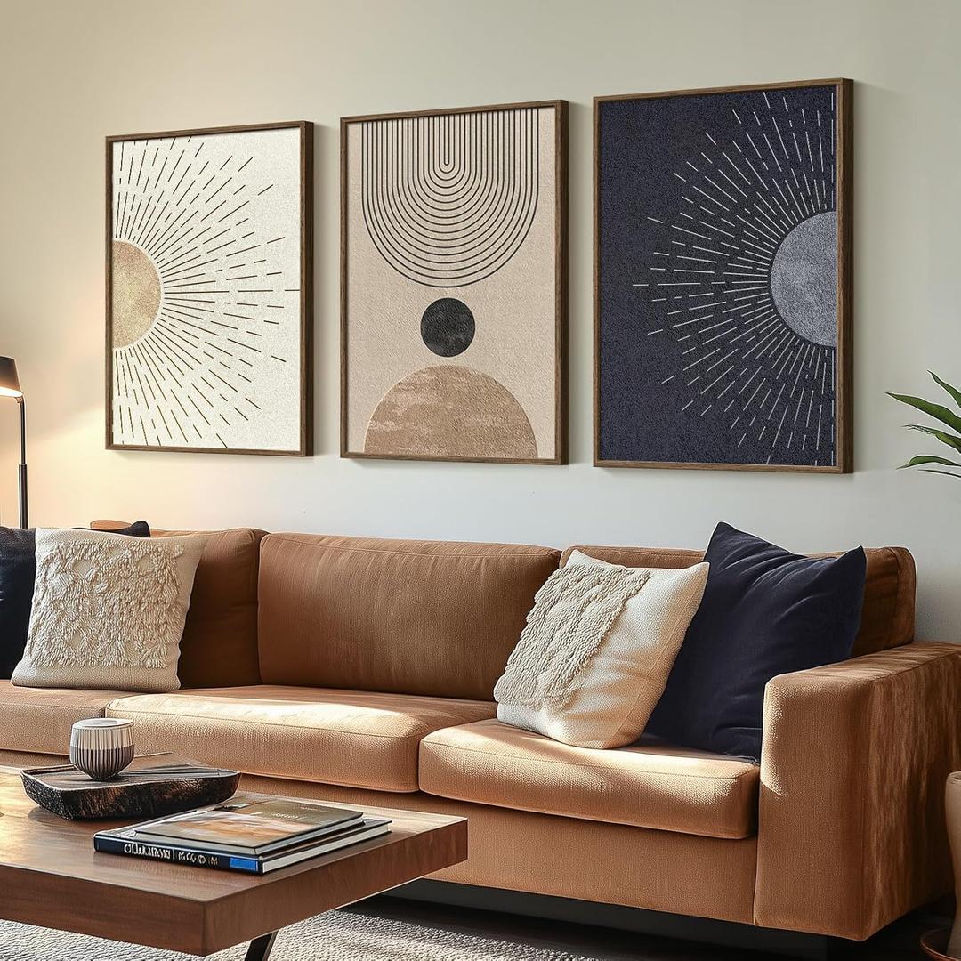 Framed Large Boho Neutral Abstract Wall Art for Living Room, Black Beige Sun and Moon Paintings Prints for Hallway Office, Set of 3 Piece Modern Minimalist Canvas Artwork Pictures 24x36 Inch