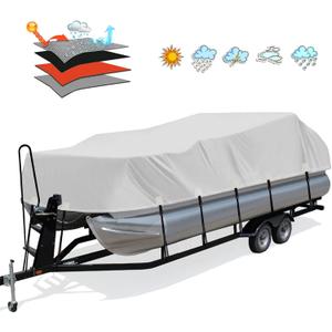 Solim Trailerable 1200D PU Heavy Duty Pontoon Boat Cover, 22-24ft Waterproof Marine Grade Oxford UV Resistant Polyester Canvas Cover, Boat Cover for Pontoon with Adjustable 18 Tie Down Straps, Gray