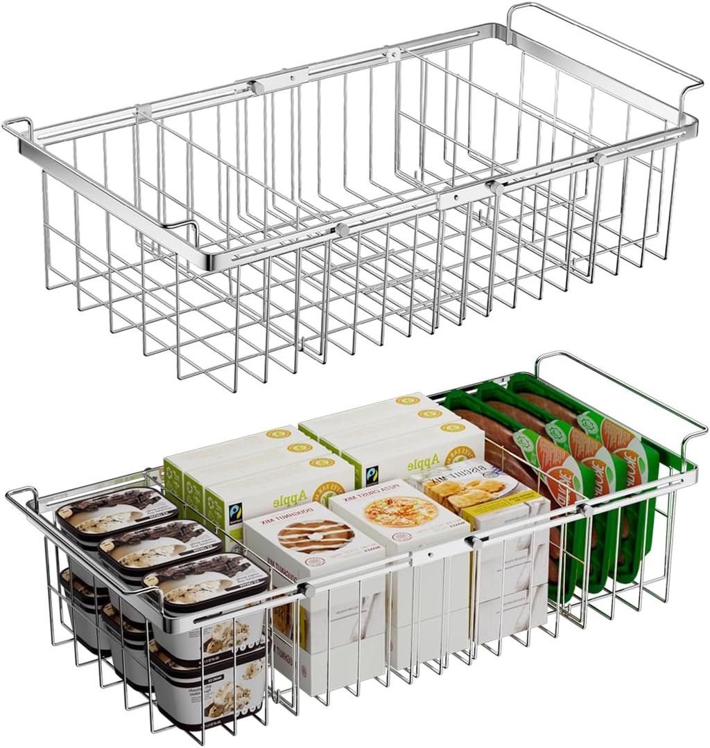 Large Freezer Baskets for Chest Freezer with Dividers, Deep Freezer Organizer Bins Expandable 15.5"~24.5", Hanging Storage Container Baskets for Chest Freezer Sort Frozen Meats