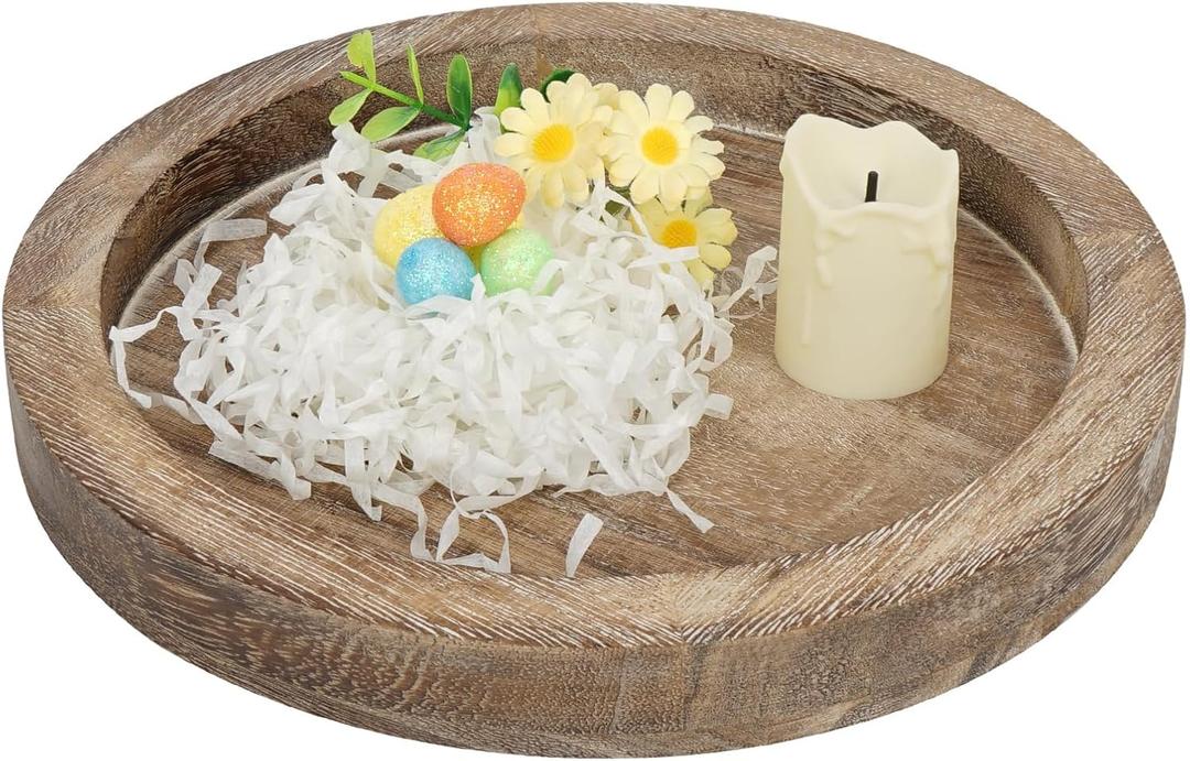 Round Wooden Serving Tray for Decor, 11"" Kitchen Table Centerpieces Decor Decorative Tray, Farmhouse Dining Table Centerpiece Tray, Kitchen&Home Decor Accessories for Table, Washed Coffee
