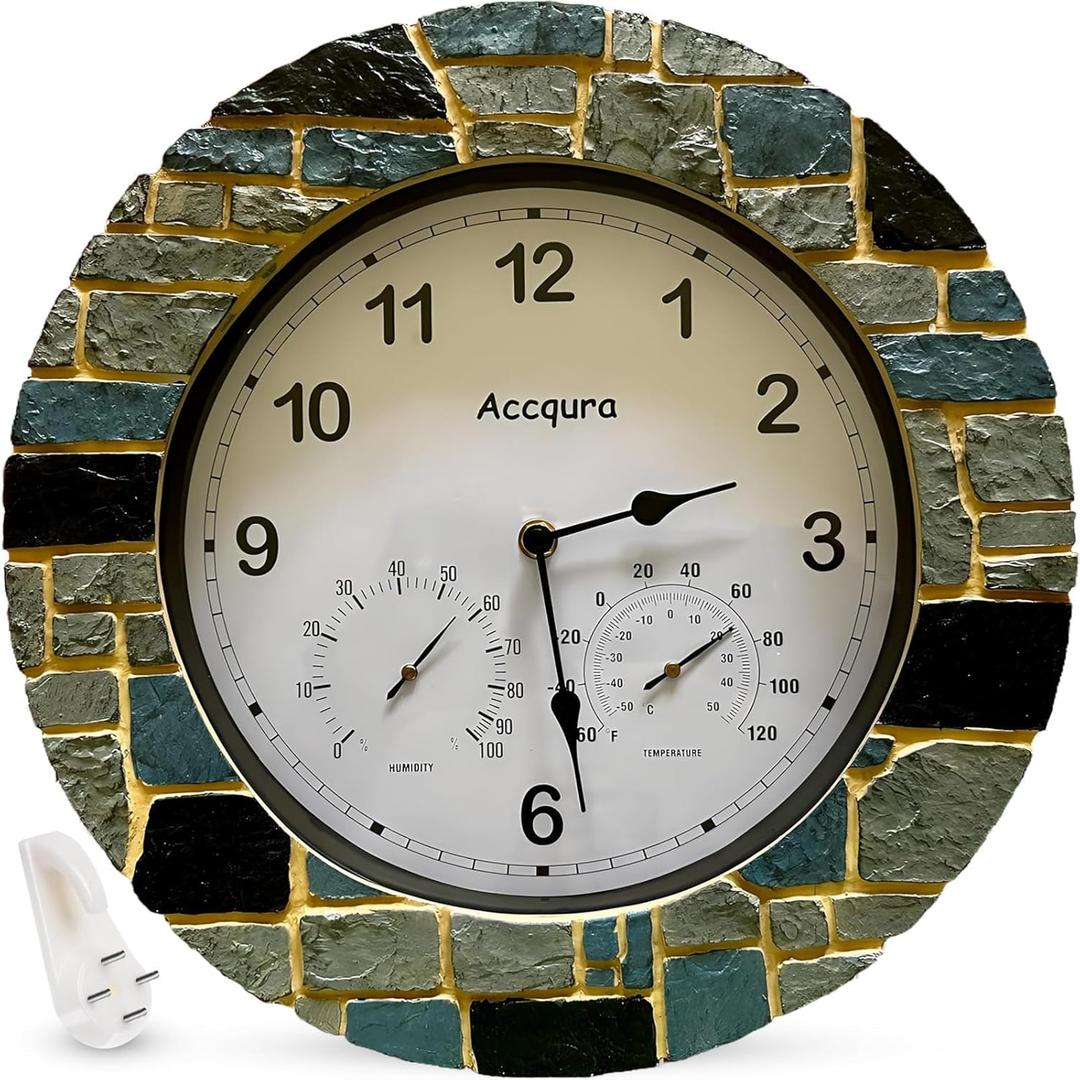 13 Inch Outdoor Clock Waterproof - Large Resin Outdoor Patio Wall Clocks Thermometer and Hygrometer Combo Retro Home Dcor for Patio Pool Garden Porch Outside Gift - Blue & Grey