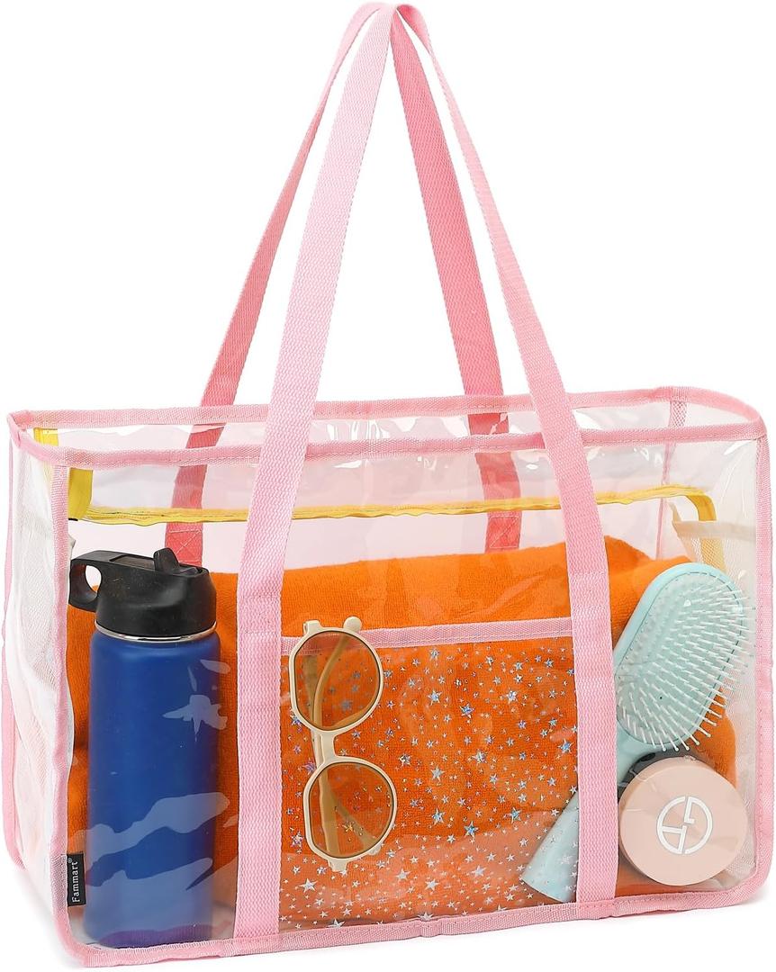 Clear Beach Bag for Women, Large Pool Tote Cruise Vacation Essentials - Zipper Closure, Waterproof, Sandproof (Pink)