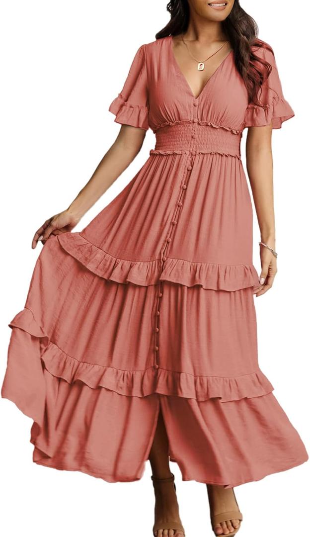 Amegoya Women's Summer Boho Tiered Maxi Dress V Neck Smocked Hight Waist Long Flowy Dress (Rust Pink M)