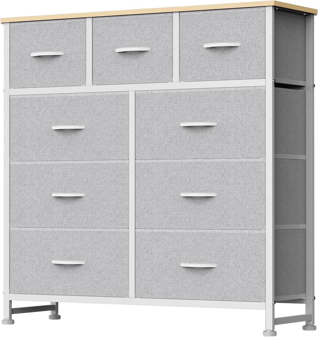 DUMOS 9 Drawer Dresser for Bedroom, Fabric Storage Organizer with Sturdy Metal Frame, Wooden Top Chest of Drawers for Closet Entryway Guest Room,Light Grey