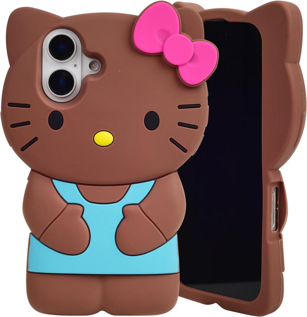 Cute 3D Kitty Kawaii Soft Silicone Case for iPhone 16 Plus 6.7", Fashion Cute 3D Kitty Kawaii Soft Silicone Animal tective Gel Shockof Gel Back Cover for Kids Women Girls Boys(Brown)